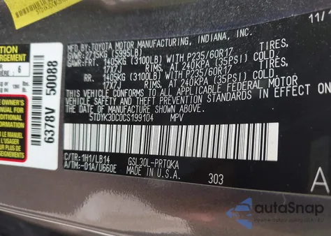 2012 Toyota Sienna Xle V6 8 Passenger из США, поврежденный, VIN 5TDYK3DC0CS199104